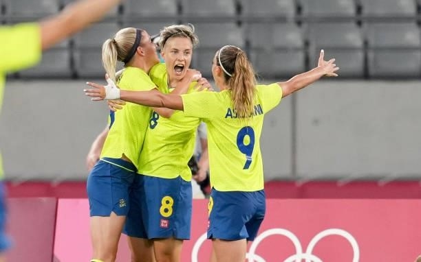 Lina Hurtig of Sweden scores a goal and celebrates during a game between Sweden and USWNT at Tokyo Stadium on July 21, 2021 in Tokyo, Japan.