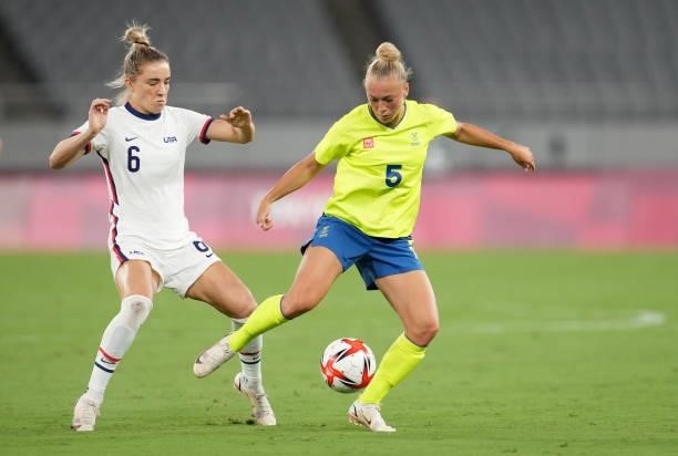 Kristie Mewis of the United States defending during a game between Sweden and USWNT at Tokyo Stadium on July 21, 2021 in Tokyo, Japan.