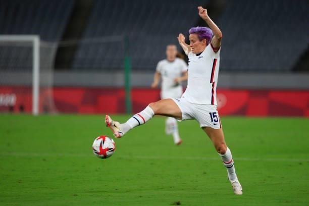 Megan Rapinoe of the United States traps the ball during a game between Sweden and USWNT at Tokyo Stadium on July 21, 2021 in Tokyo, Japan.