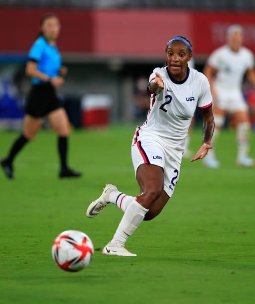 Crystal Dunn of the United States chases down a loose ball during a game between Sweden and USWNT at Tokyo Stadium on July 21, 2021 in Tokyo, Japan.