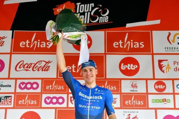 Fabio Jakobsen of Netherlands and Team Deceuninck - Quick-Step stage winner celebrates at podium during the 42nd Tour de Wallonie 2021 - Stage 2 a...
