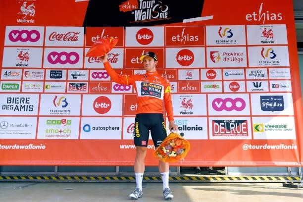 Dylan Groenewegen of Netherlands and Team Jumbo - Visma Orange Leader Jersey celebrates at podium during the 42nd Tour de Wallonie 2021 - Stage 2 a...
