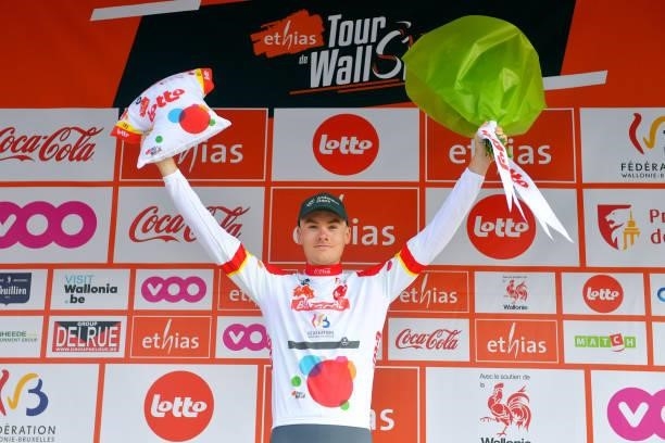 Tom Paquot of Belgium and Team Bingoal WB Polka Dot Mountain Jersey celebrates at podium during the 42nd Tour de Wallonie 2021 - Stage 2 a 120km...