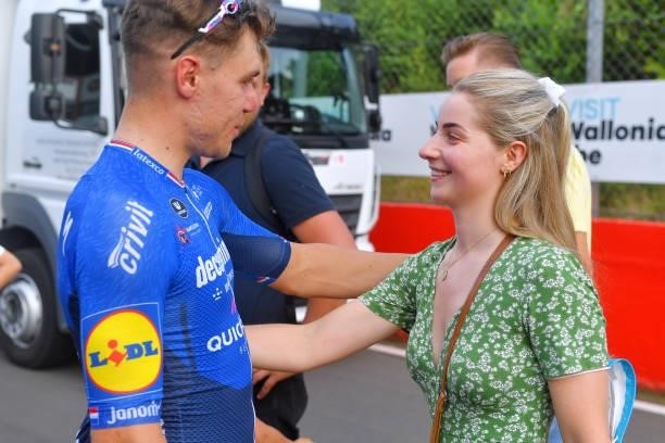 Fabio Jakobsen of Netherlands and Team Deceuninck - Quick-Step stage winner and his girlfriend Delore Stougje celebrates at arrival during the 42nd...