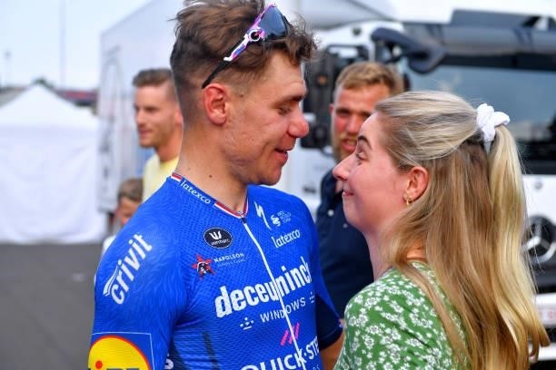 Fabio Jakobsen of Netherlands and Team Deceuninck - Quick-Step stage winner and his girlfriend Delore Stougje celebrates at arrival during the 42nd...