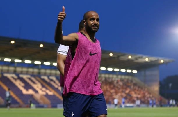 Lucas Moura of Tottenham Hotspur gives a thumbs up to the fans during the pre season match between Colchester United and Tottenham Hotspur at...
