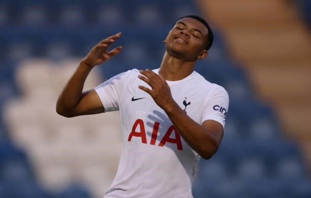 Dane Scarlett of Tottenham Hotspur reacts after having a goal disallowed for offside during the Pre-Season Friendly match between Colchester United...