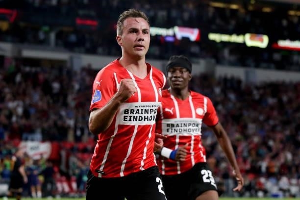 Mario Gotze of PSV celebrate third PSV goal during the UEFA Champions League Second Qualifying Round: First Leg match between PSV and Galatasaray at...