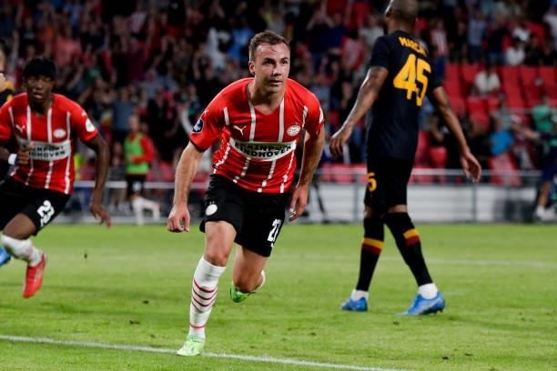 Mario Gotze of PSV celebrate third PSV goal during the UEFA Champions League Second Qualifying Round: First Leg match between PSV and Galatasaray at...