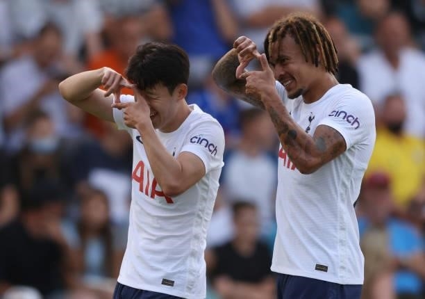 Son Heung-Min of Tottenham Hotspur celebrates after scoring their team's first goal with Dele Alli during the Pre-Season Friendly match between...