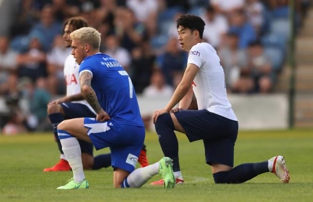 Son Heung-Min of Tottenham Hotspur takes a knee in support of the Black Lives Matter anti racism movement during the Pre-Season Friendly match...