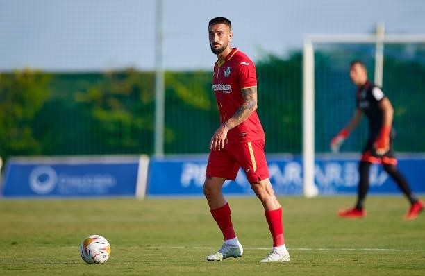 Erik Cabaco of Getafe in action during a Pre-Season friendly match between Getafe and Stade Rennais at Pinatar Arena on July 21, 2021 in Murcia,...