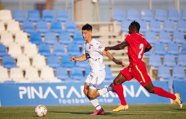 Matthis Abline of Stade Rennais in action during a Pre-Season friendly match between Getafe and Stade Rennais at Pinatar Arena on July 21, 2021 in...
