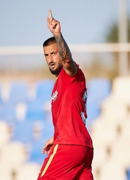 Erik Cabaco of Getafe reacts during a Pre-Season friendly match between Getafe and Stade Rennais at Pinatar Arena on July 21, 2021 in Murcia, Spain.