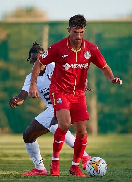 Hugo Duro of Getafe in action during a Pre-Season friendly match between Getafe and Stade Rennais at Pinatar Arena on July 21, 2021 in Murcia, Spain.