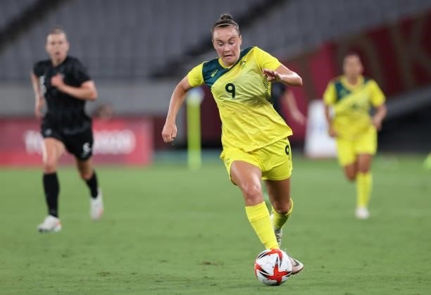 Caitlin Foord of Australia controls the ball in the Women's First Round Group G match during the Tokyo 2020 Olympic Games at Tokyo Stadium on July...