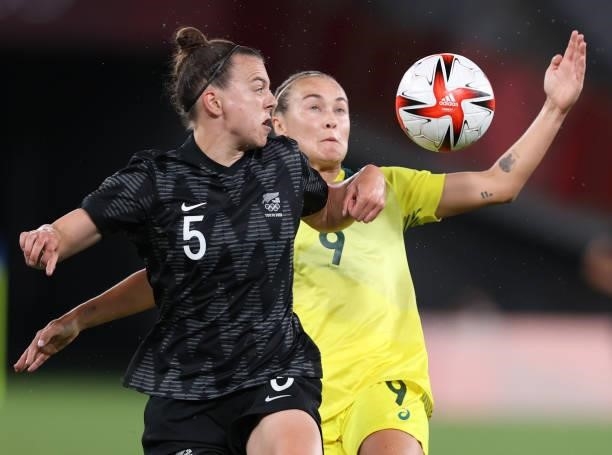 Aivi Luik of New Zealand vies with Caitlin Foord of Australia in the Women's First Round Group G match between New Zealand and Australia during the...