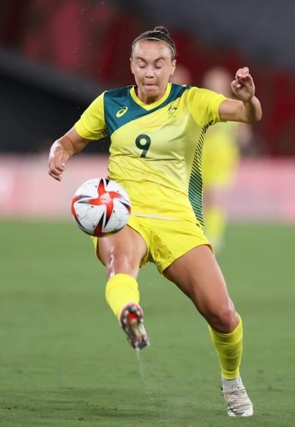 Caitlin Foord of Australia controls the ball in the Women's First Round Group G match between New Zealand and Australia during the Tokyo 2020 Olympic...