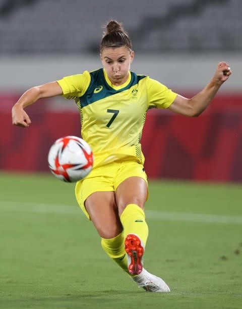 Steph Catley of Australia controls the ball in the Women's First Round Group G match between New Zealand and Australia during the Tokyo 2020 Olympic...