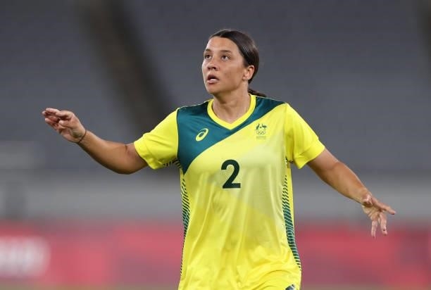 Sam Kerr of Australia is seen in action in the Women's First Round Group G match between New Zealand and Australia during the Tokyo 2020 Olympic...