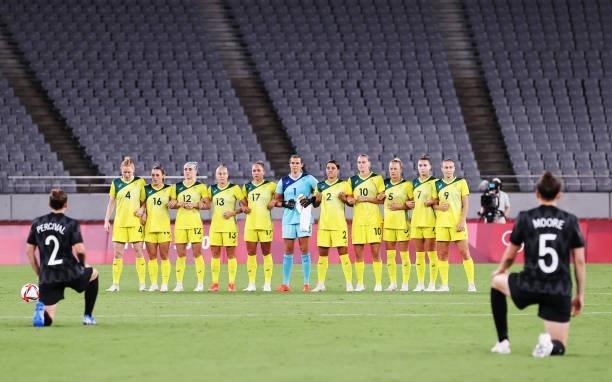 The Australian team are seen prior to the Women's First Round Group G match between New Zealand and Australia during the Tokyo 2020 Olympic Games at...
