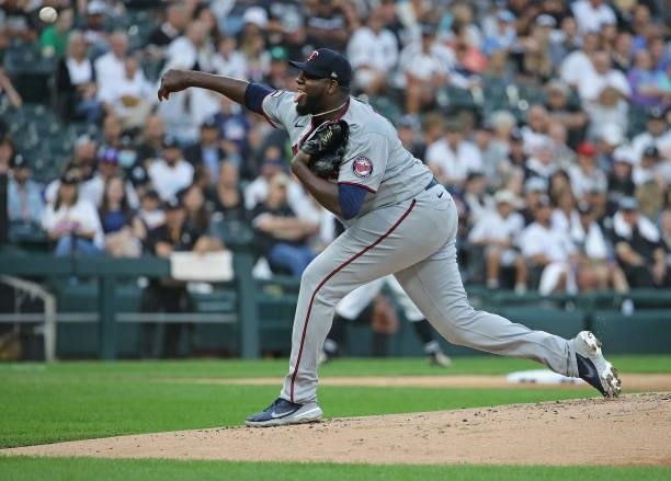 Starting pitcher Michael Pineda of the Minnesota Twins delivers the ball against the Chicago White Sox at Guaranteed Rate Field on July 21, 2021 in...