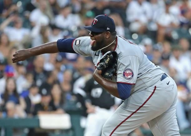 Starting pitcher Michael Pineda of the Minnesota Twins delivers the ball against the Chicago White Sox at Guaranteed Rate Field on July 21, 2021 in...
