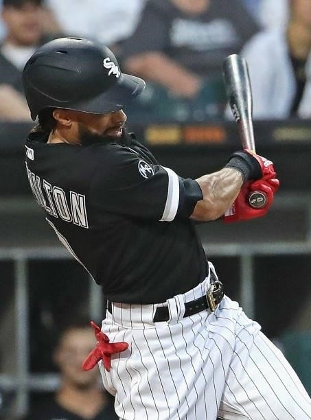 Billy Hamilton of the Chicago White Sox hits a double in the 3rd inning against the Minnesota Twins at Guaranteed Rate Field on July 21, 2021 in...