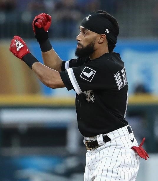 Billy Hamilton of the Chicago White Sox celebrates hitting a double in the 3rd inning against the Minnesota Twins at Guaranteed Rate Field on July...