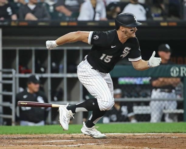 Adam Engel of the Chicago White Sox takes off after hitting a run scoring single in the 3rd inning against the Minnesota Twins at Guaranteed Rate...