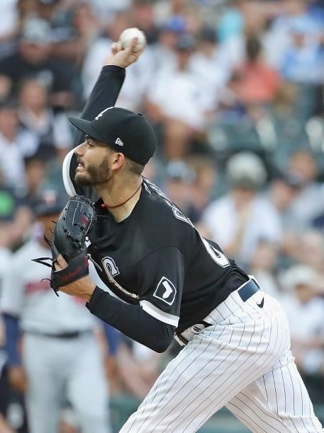 Starting pitcher Dylan Cease of the Chicago White Sox delivers the ball against the Minnesota Twins at Guaranteed Rate Field on July 21, 2021 in...