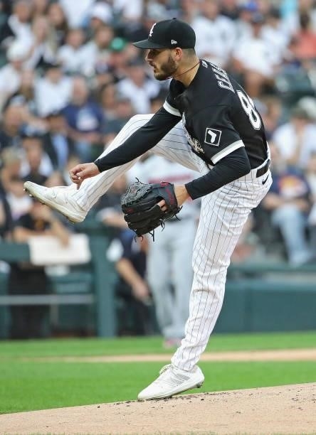 Starting pitcher Dylan Cease of the Chicago White Sox follows through after delivering the ball against the Minnesota Twins at Guaranteed Rate Field...