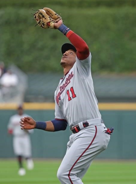 Jorge Polanco of the Minnesota Twins catches a pop-up against the Chicago White Sox at Guaranteed Rate Field on July 21, 2021 in Chicago, Illinois.