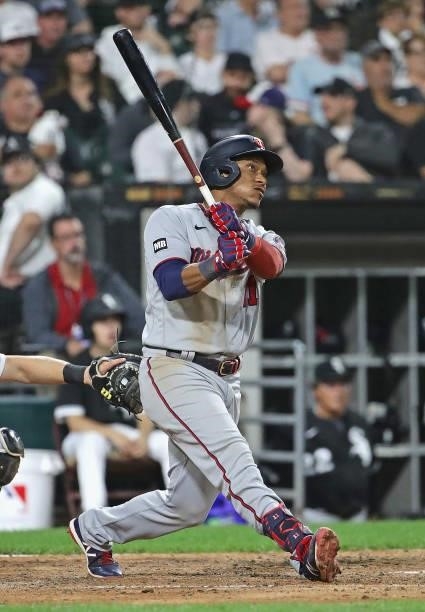 Jorge Polanco of the Minnesota Twins hits a three run home run in the 6th inning against the Chicago White Sox at Guaranteed Rate Field on July 21,...