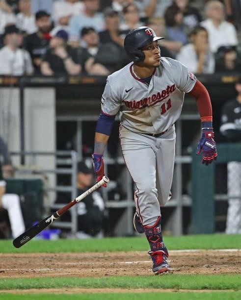 Jorge Polanco of the Minnesota Twins runs after hitting a three run home run in the 6th inning against the Chicago White Sox at Guaranteed Rate Field...