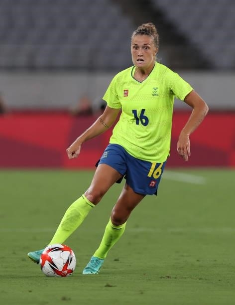 Filippa Angeldal of Sweden controls the ball in the Women's First Round Group G match during the Tokyo 2020 Olympic Games at Tokyo Stadium on July...