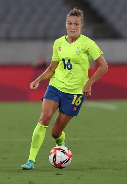 Filippa Angeldal of Sweden controls the ball in the Women's First Round Group G match during the Tokyo 2020 Olympic Games at Tokyo Stadium on July...