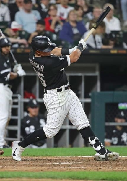 Andrew Vaughn of the Chicago White Sox hits a run scoring double in the 8th inning against the Minnesota Twins at Guaranteed Rate Field on July 21,...
