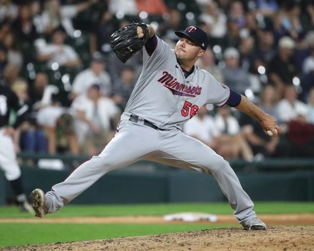 Caleb Thielbar of the Minnesota Twins pitches the 9th inning against the Chicago White Sox at Guaranteed Rate Field on July 21, 2021 in Chicago,...