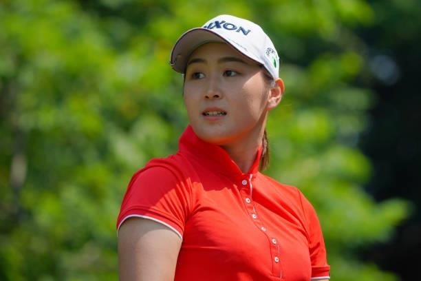 Miyu Shinkai of Japan reacts after her tee shot on the 17th hole during the first round of Daito Kentaku eHeyanet Ladies at Takino Country Club on...
