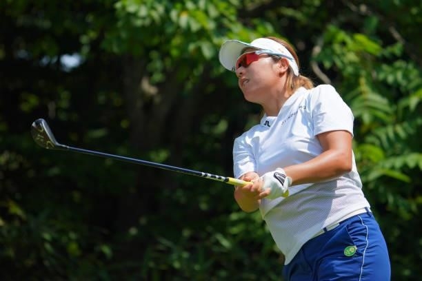 Eri Okayama of Japan hits her tee shot on the 17th hole during the first round of Daito Kentaku eHeyanet Ladies at Takino Country Club on July 22,...