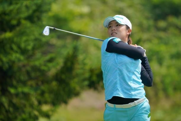 Saki Nagamine of Japan hits her tee shot on the 6th hole during the first round of Daito Kentaku eHeyanet Ladies at Takino Country Club on July 22,...