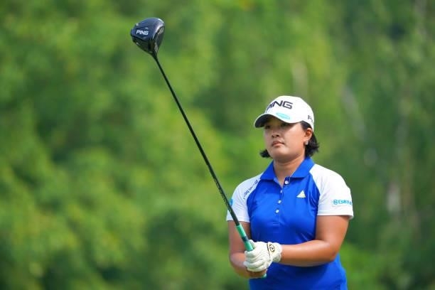 Ai Suzuki of Japan is seen before her tee shot on the 8th hole during the first round of Daito Kentaku eHeyanet Ladies at Takino Country Club on July...