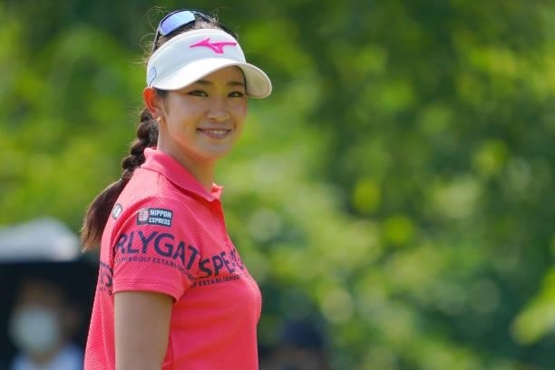Erika Hara of Japan smiles on the 6th hole during the first round of Daito Kentaku eHeyanet Ladies at Takino Country Club on July 22, 2021 in...