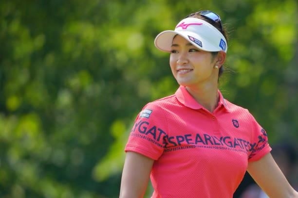 Erika Hara of Japan smiles on the 6th hole during the first round of Daito Kentaku eHeyanet Ladies at Takino Country Club on July 22, 2021 in...