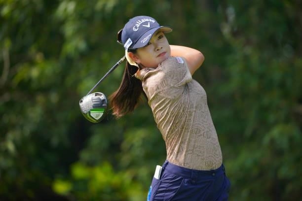 Yui Kawamoto of Japan hits her tee shot on the 7th hole during the first round of Daito Kentaku eHeyanet Ladies at Takino Country Club on July 22,...