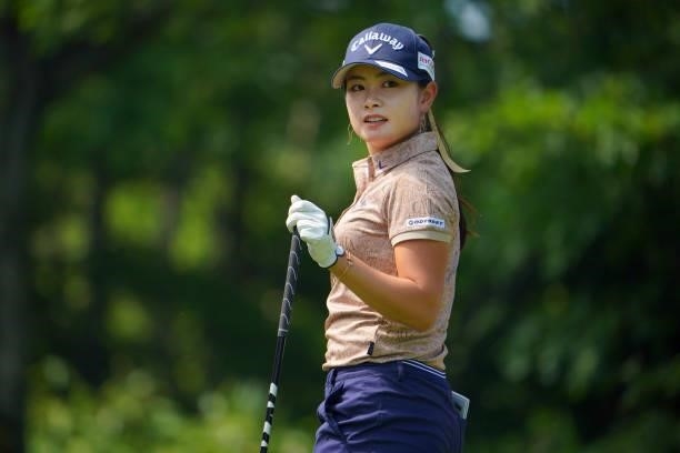 Yui Kawamoto of Japan reacts after her tee shot on the 7th hole during the first round of Daito Kentaku eHeyanet Ladies at Takino Country Club on...