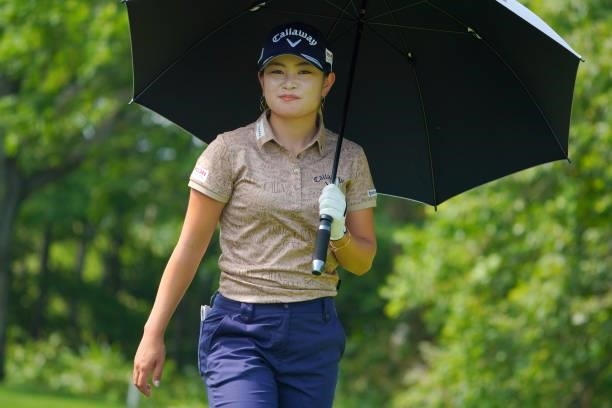 Yui Kawamoto of Japan smiles on the 7th hole during the first round of Daito Kentaku eHeyanet Ladies at Takino Country Club on July 22, 2021 in...