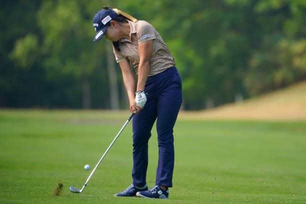 Yui Kawamoto of Japan hits her second shot on the 7th hole during the first round of Daito Kentaku eHeyanet Ladies at Takino Country Club on July 22,...