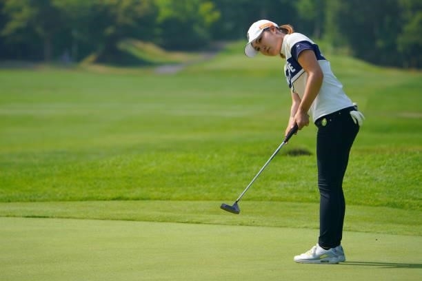 Sayaka Takahashi of Japan attempts a putt on the 7th green during the first round of Daito Kentaku eHeyanet Ladies at Takino Country Club on July 22,...